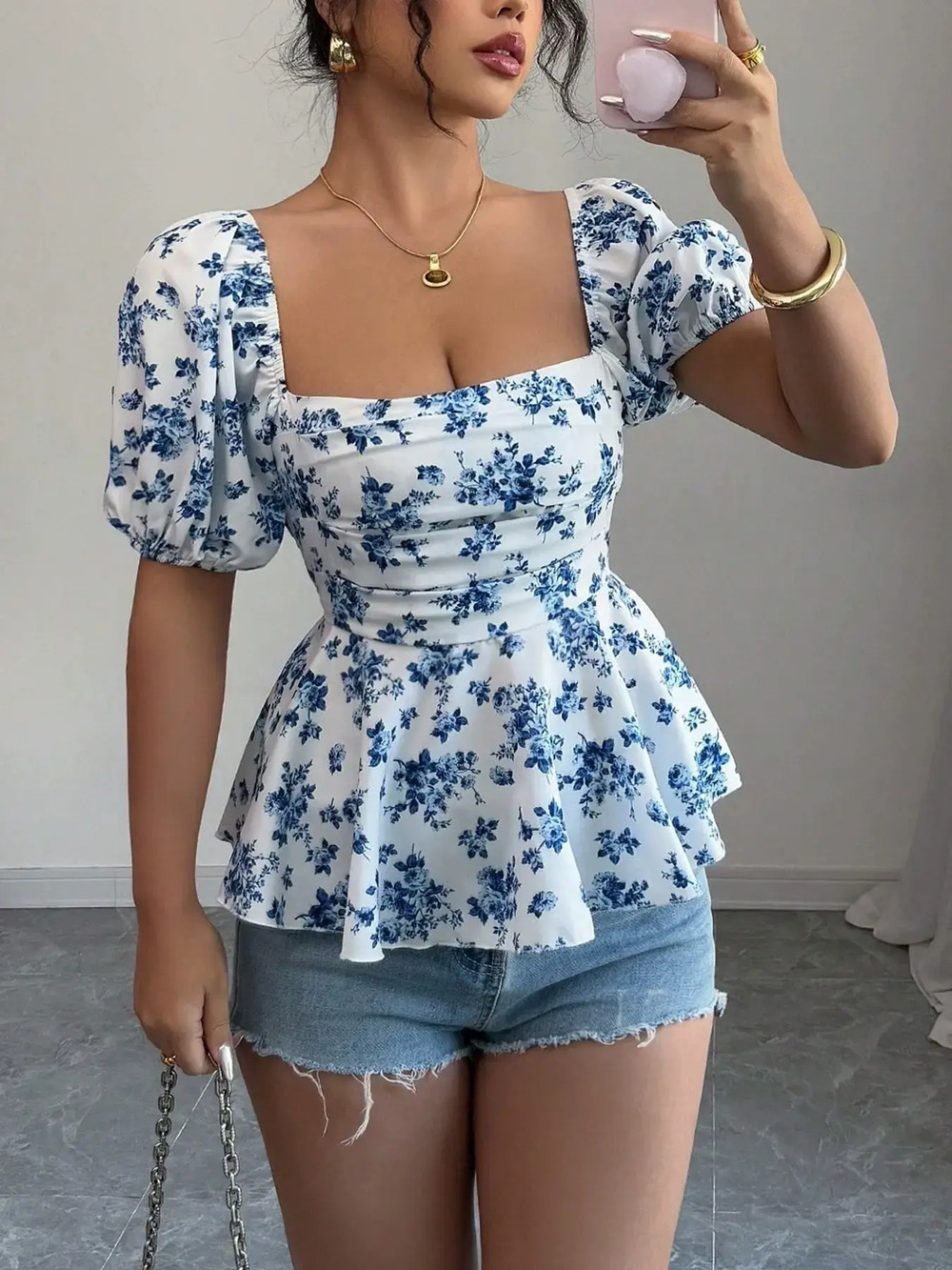 ZARA Puff Sleeve Floral Square Neck Short Sleeve Blouse